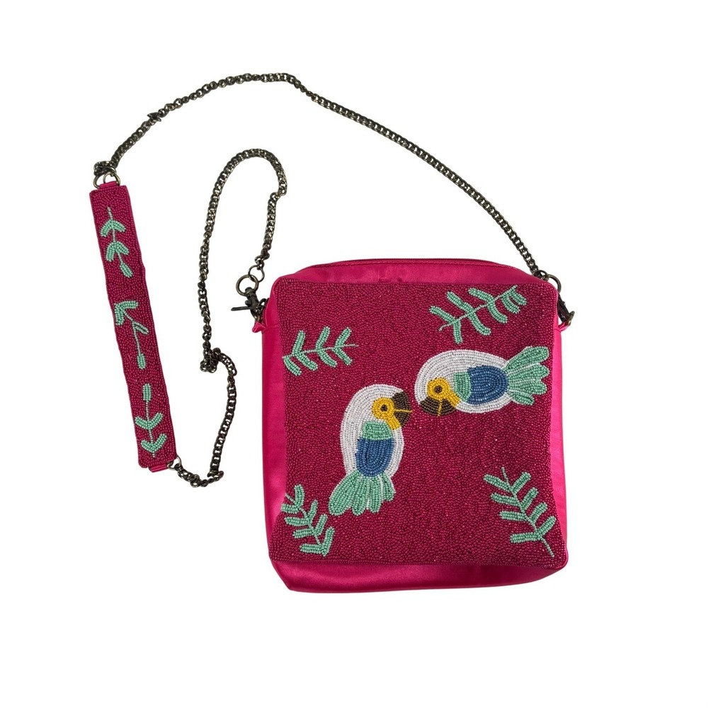 NEW‎ Beaded Crossbody Purse Tropical Pink Satin Parrot Bird Resort Vacation